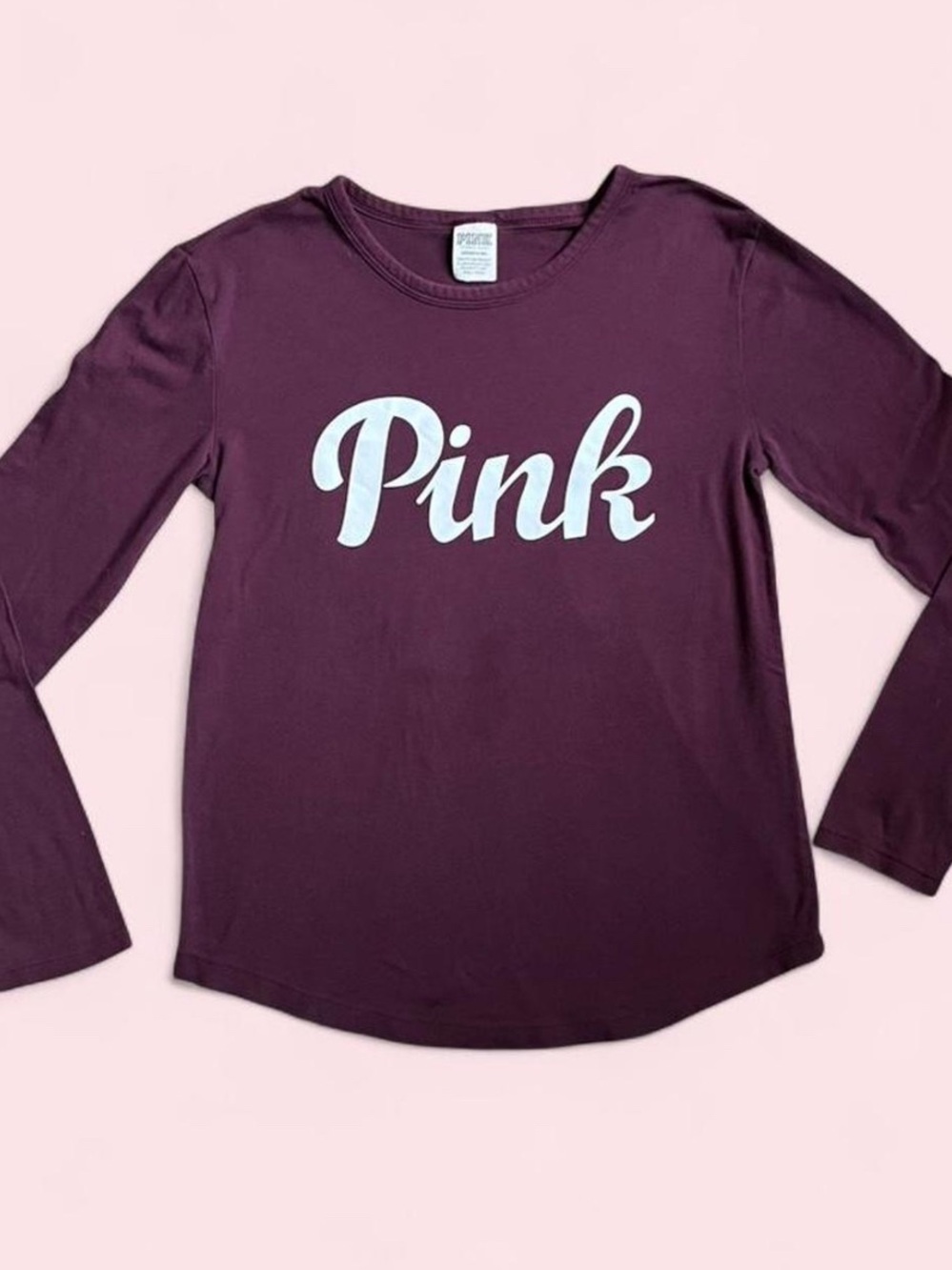 PINK Victoria's Secret Women’s Long Sleeve Logo Tee - Plum Purple White Logo